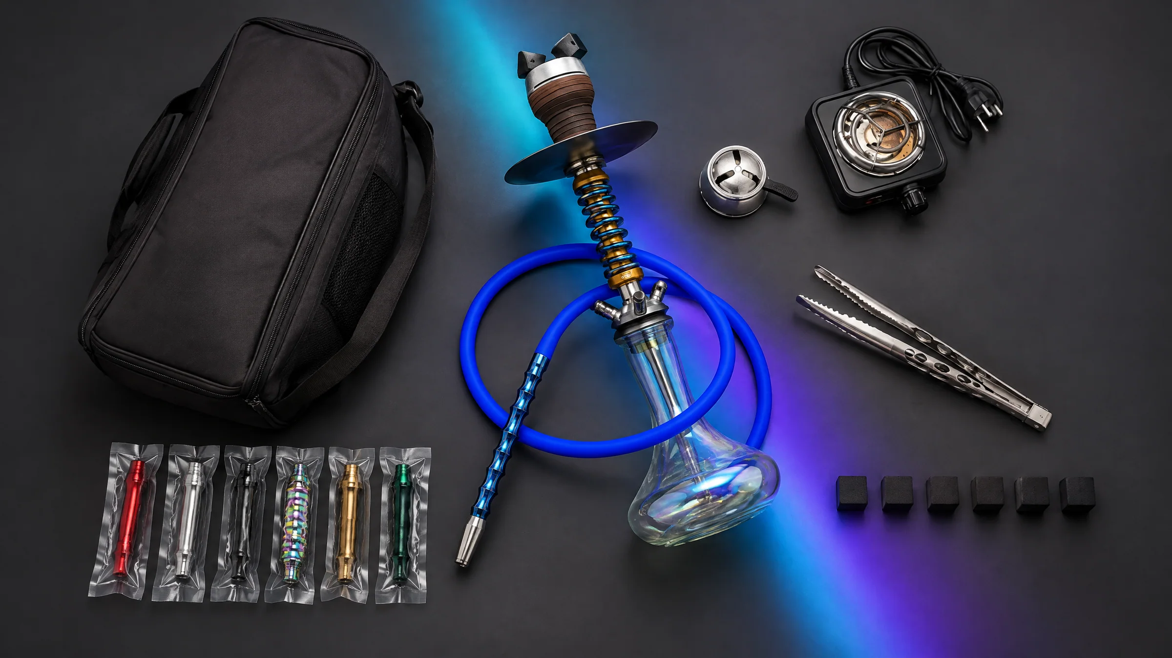 Комплект MOS-HOOKAH на столе: сумка, кальян со шлангом, калауд, электрическая плита, щипцы, уголь, мундштуки в упаковке